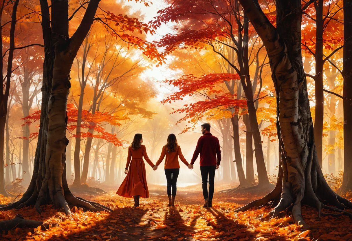 A breathtaking autumn landscape showcasing vibrant orange, red, and golden leaves falling gently from trees. In the foreground, a couple holding hands, surrounded by nature, looking at each other with affection and warmth. Soft golden sunlight filters through the branches, casting a romantic glow over the scene. It embodies the essence of love and connection in nature during the fall season. super-realistic. vibrant colors. ethereal lighting.