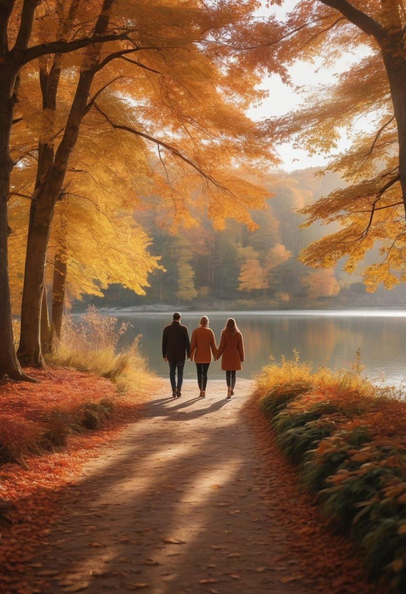 A cozy scene of a couple walking hand-in-hand under a canopy of colorful autumn leaves, with soft golden sunlight filtering through the trees. Surround them with pumpkins, warm scarves, and a gentle breeze rustling the leaves. Include a picturesque backdrop of a serene lake reflecting the fall colors, evoking a sense of romance and natural beauty. super-realistic. warm tones. soft focus.