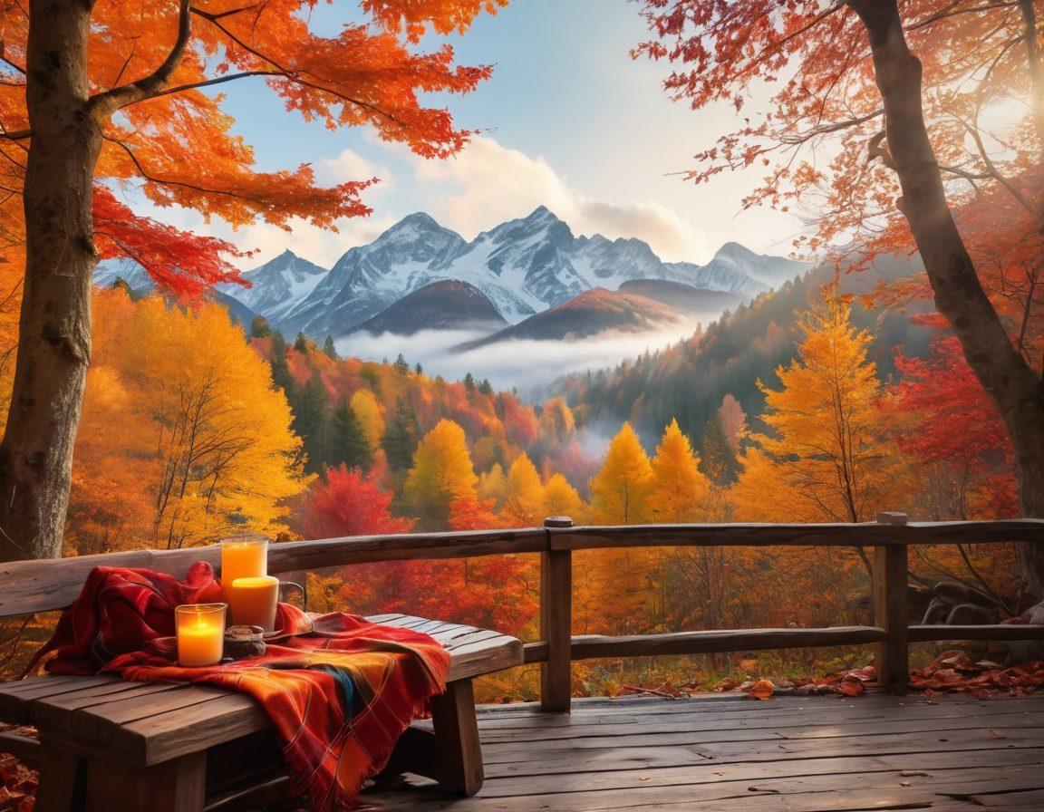A serene autumn landscape featuring vibrant orange, red, and yellow leaves gently falling from trees, with a cozy blanket draped over a rustic wooden bench. A steaming cup of hot cider rests beside a glowing lantern, inviting feelings of warmth and introspection. Soft sunlight filters through the trees, creating a magical atmosphere. The background hints at distant mountains cloaked in mist. super-realistic. vibrant colors. tranquil mood.